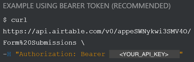 An example request in Airtable’s API documentation, with the Airtable API key highlighted